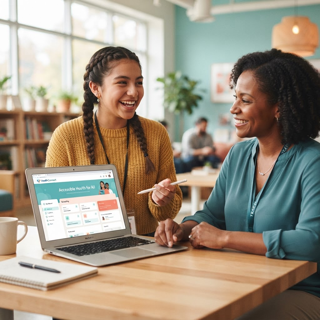 A student smiling while presenting a healthcare app project to a supportive mentor